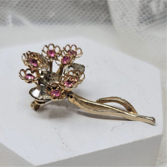 Sweet Vintage Flower Pin Brooch Pink Rhinestones - Picture 8 of 8